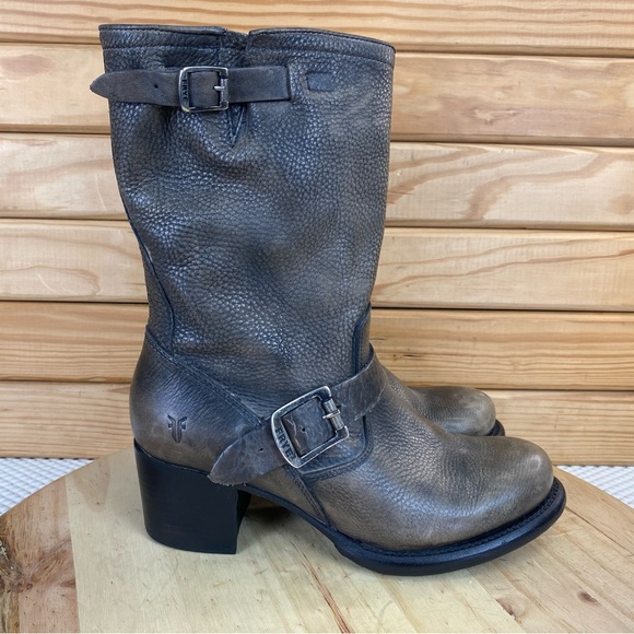 FRYE Womens 8 US Distressed Leather Block Heeled Mid-Calf Boots Western Biker - Picture 9 of 15